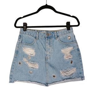 FOREVER 21 Silver Grommet Distressed Light Wash Raw Hem Jean Denim Skirt 28